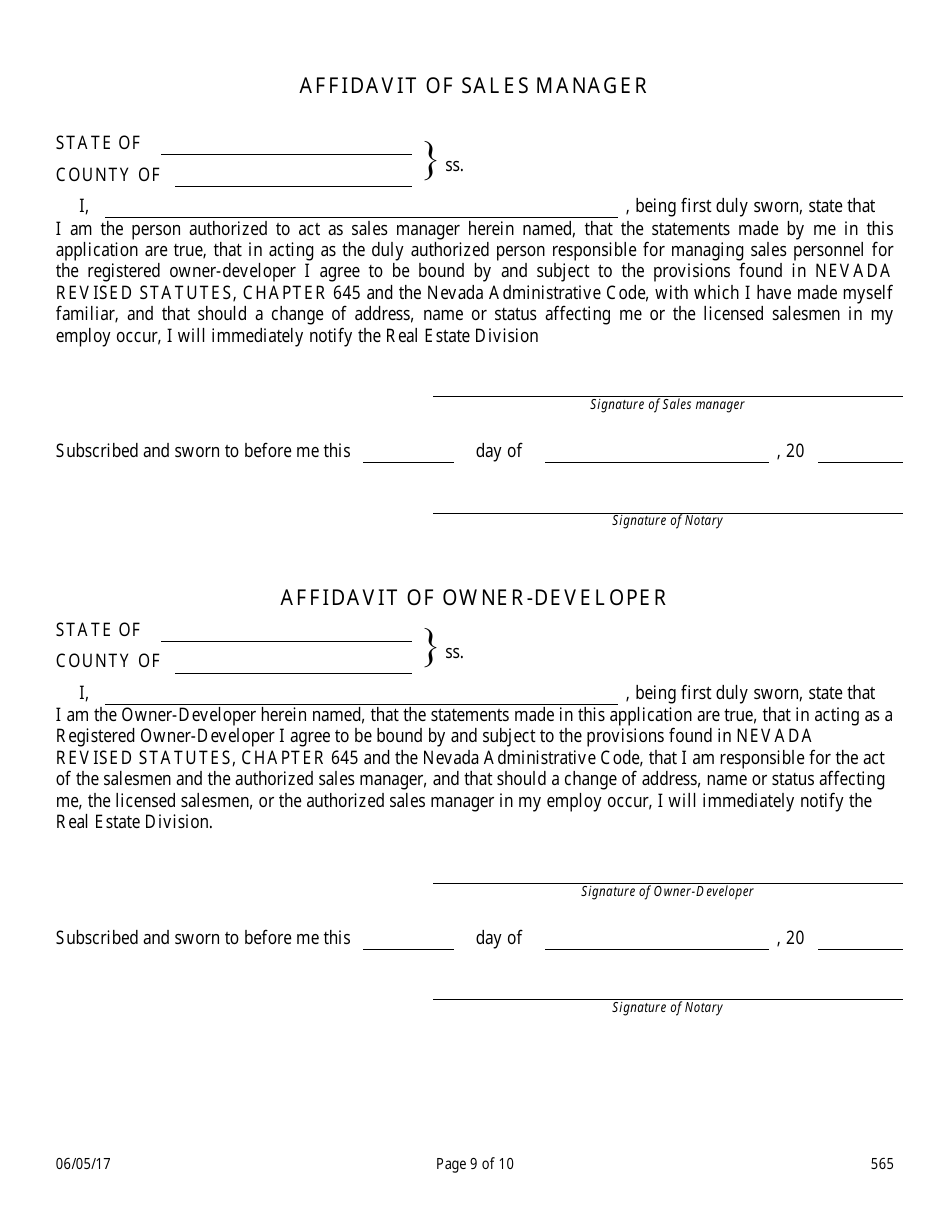 Form 565 Owner-Developer Application - Nevada, Page 9