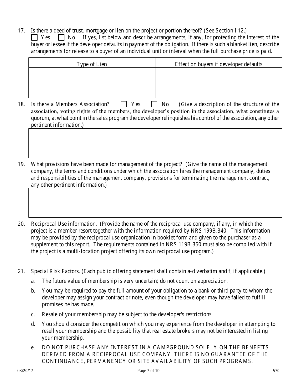 Form 570 Campground Public Offering Statement - Nevada, Page 7