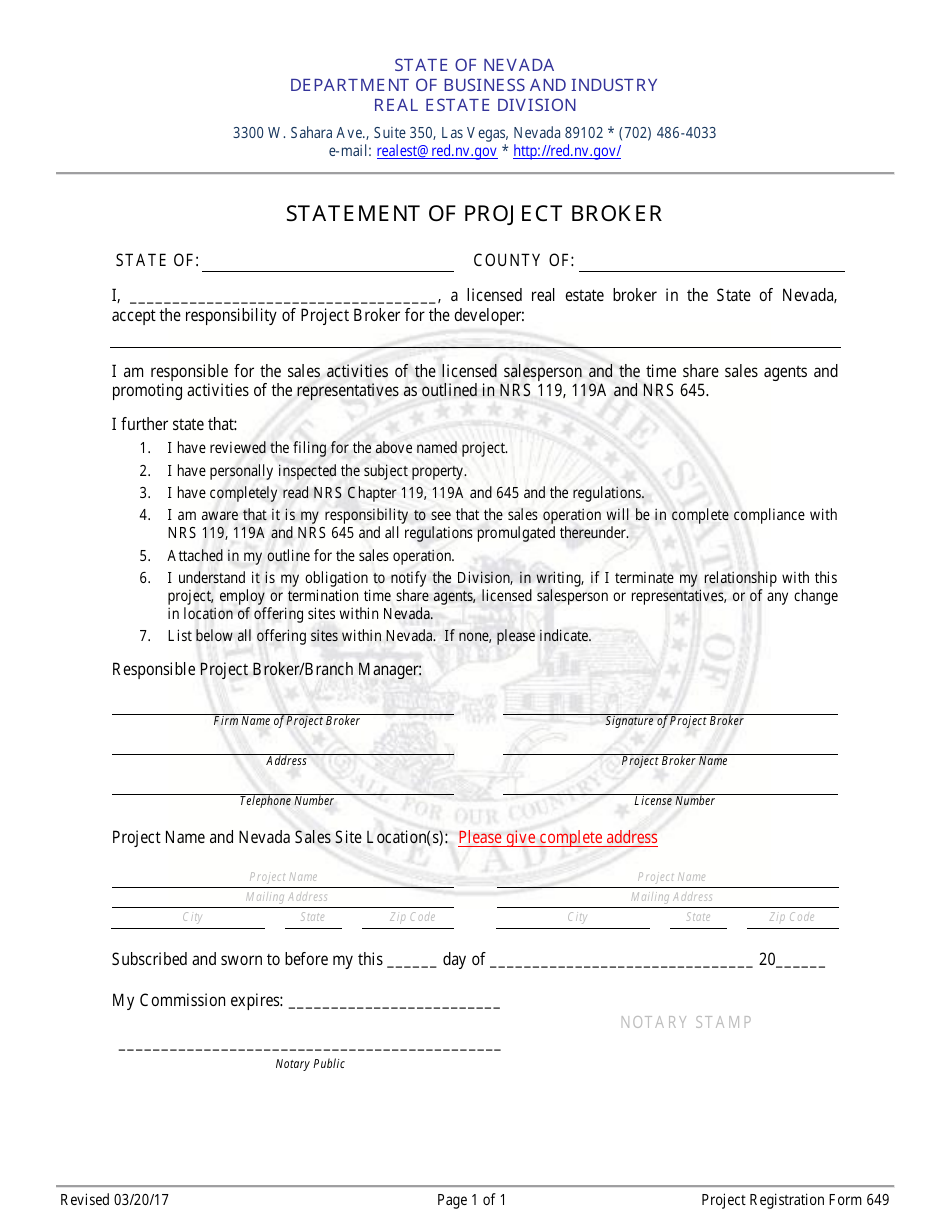 Form 649 Statement of Project Broker - Nevada, Page 1