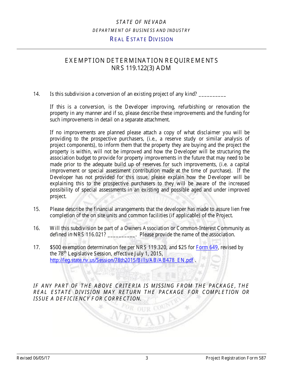 Form 587 Exemption Determination Requirements Nrs 119.122 (3) - Nevada, Page 3