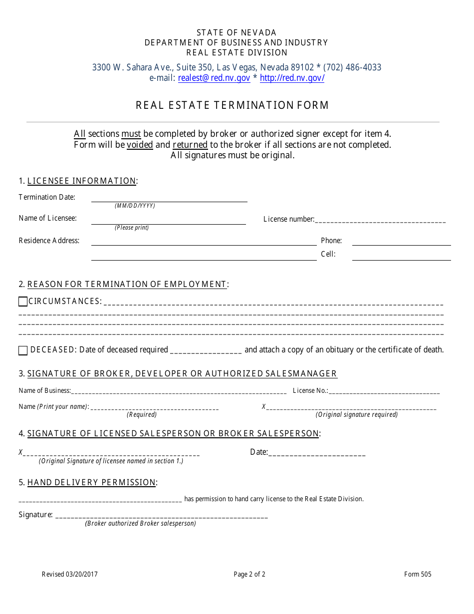 Form 505 Real Estate Termination From Company or Broker - Nevada, Page 2