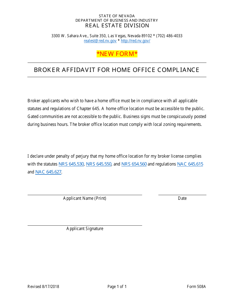 Form 508A Broker Affidavit for Home Office Compliance - Nevada, Page 1