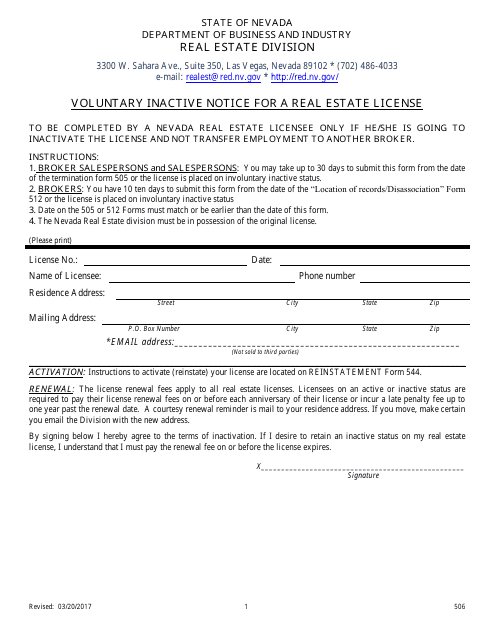 Form 506 Voluntary Inactive Notice for a Real Estate License - Nevada