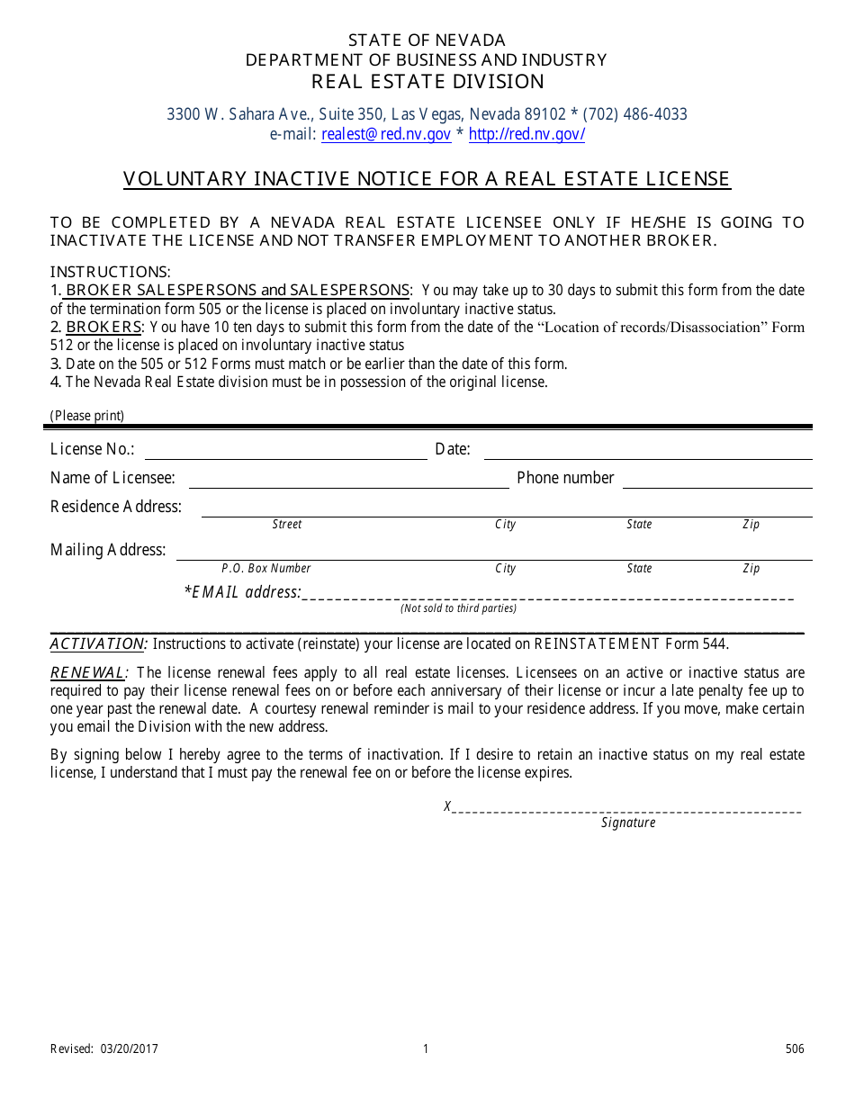 Form 506 Voluntary Inactive Notice for a Real Estate License - Nevada, Page 1