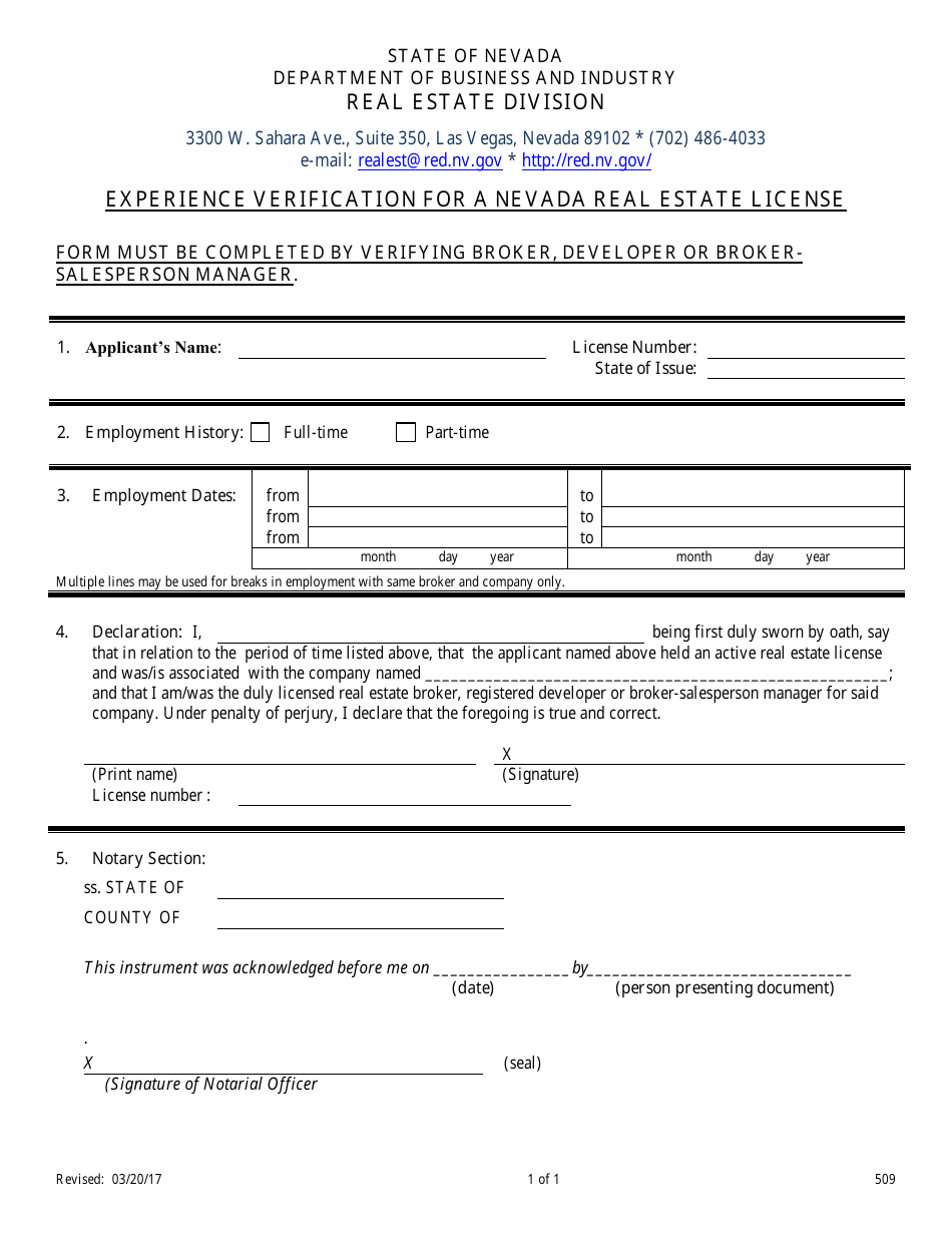 Form 509 Experience Verification for a Nevada Real Estate License - Nevada, Page 1