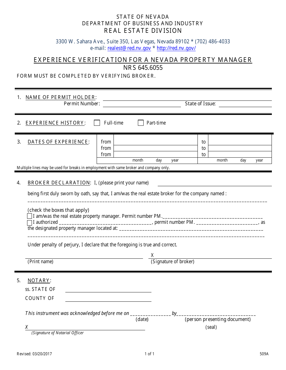 Form 509A Experience Verification for a Nevada Property Manager - Nevada, Page 1