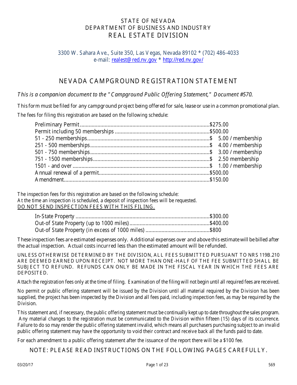 Form 569 Nevada Campground Registration Statement - Nevada, Page 1