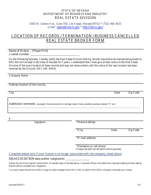 Form 512 Location of Records / Termination / Business Cancelled Real Estate Broker Form - Nevada