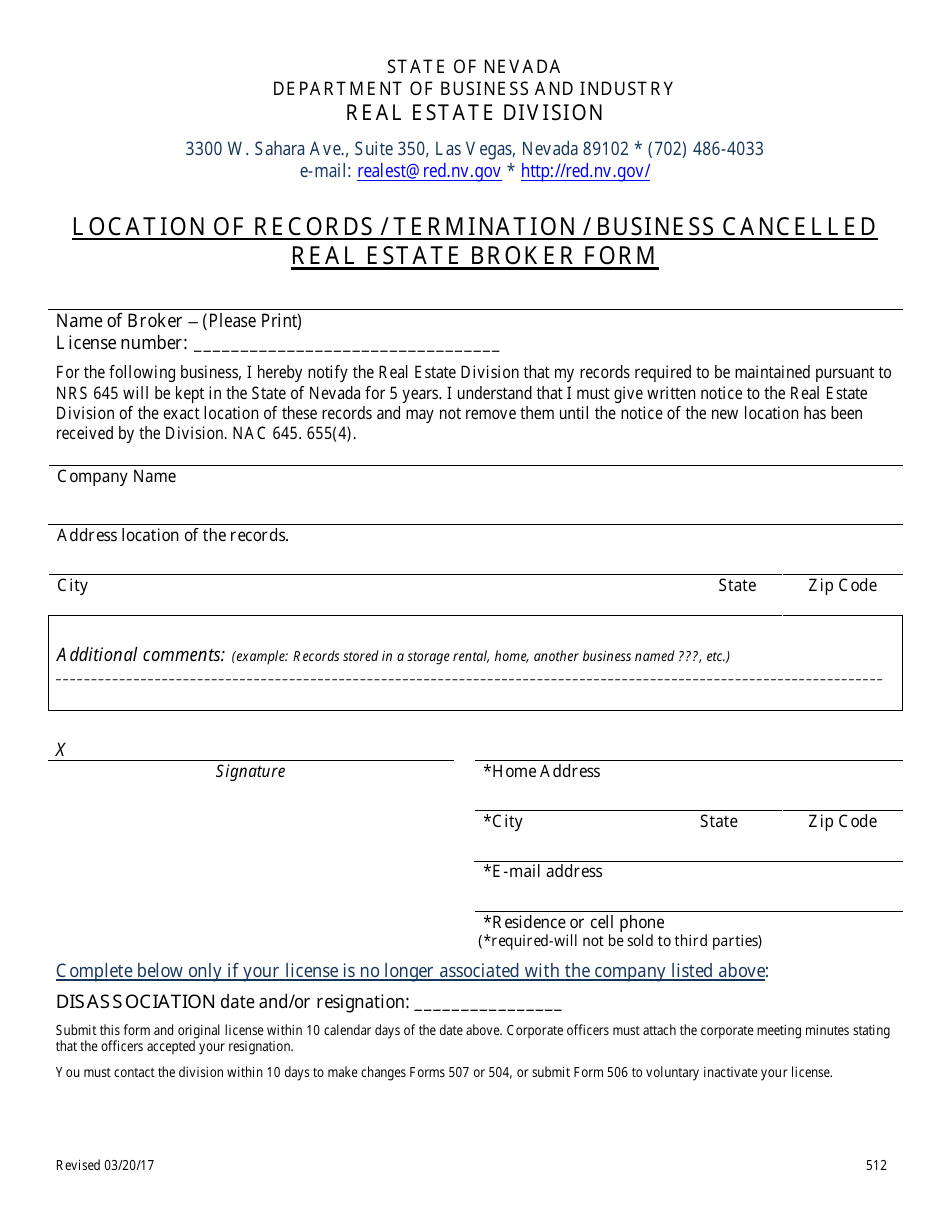 Form 512 Location of Records / Termination / Business Cancelled Real Estate Broker Form - Nevada, Page 1