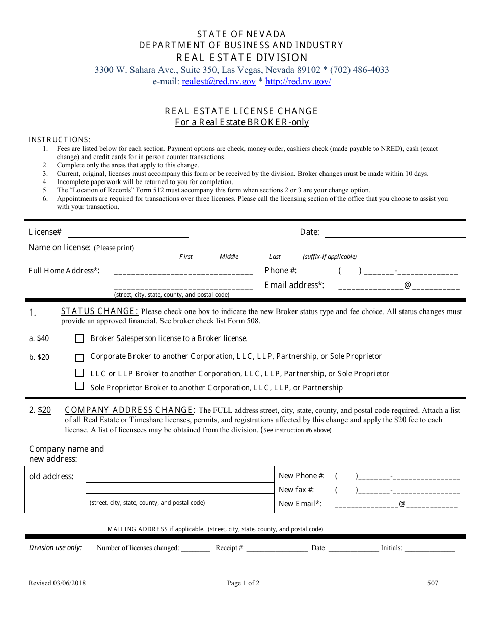 Form 507 Real Estate License Change (For Brokers Only) - Nevada, Page 1