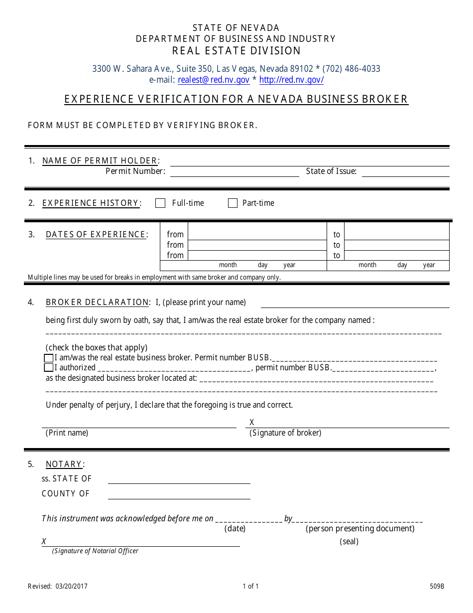 Form 509B Experience Verification for a Nevada Business Broker - Nevada, Page 1