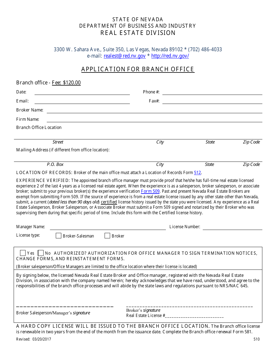 Form 510 Application for Branch Office - Nevada, Page 1
