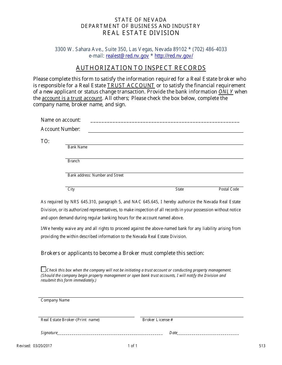 Form 513 Authorization to Inspect Records - Nevada, Page 1