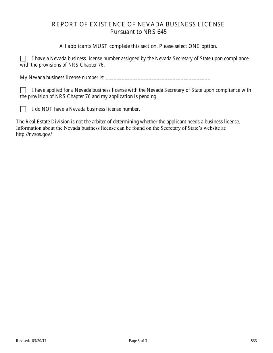 Form 533 Dual License Application - Nevada, Page 3