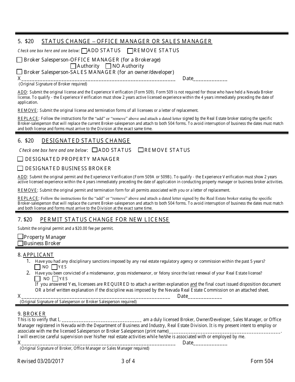 Form 504 Real Estate License or Permit Change Form for Broker Salesperson, Salesperson, Property Manager, and Business Broker - Nevada, Page 3