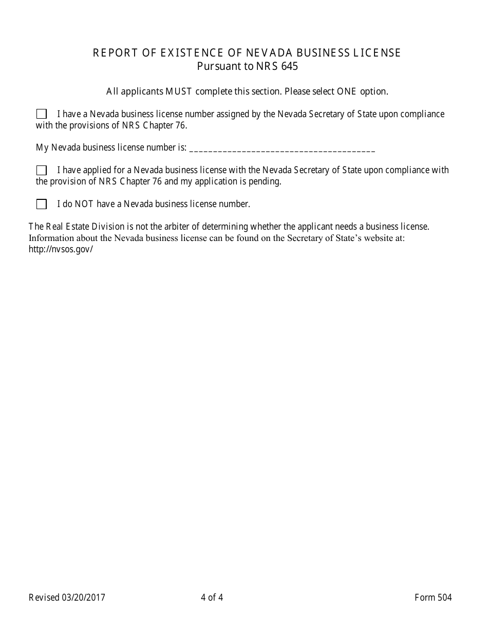 Form 504 Real Estate License or Permit Change Form for Broker Salesperson, Salesperson, Property Manager, and Business Broker - Nevada, Page 4