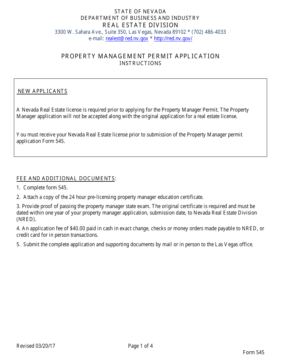 Form 545 Property Management Permit Application - Nevada, Page 1