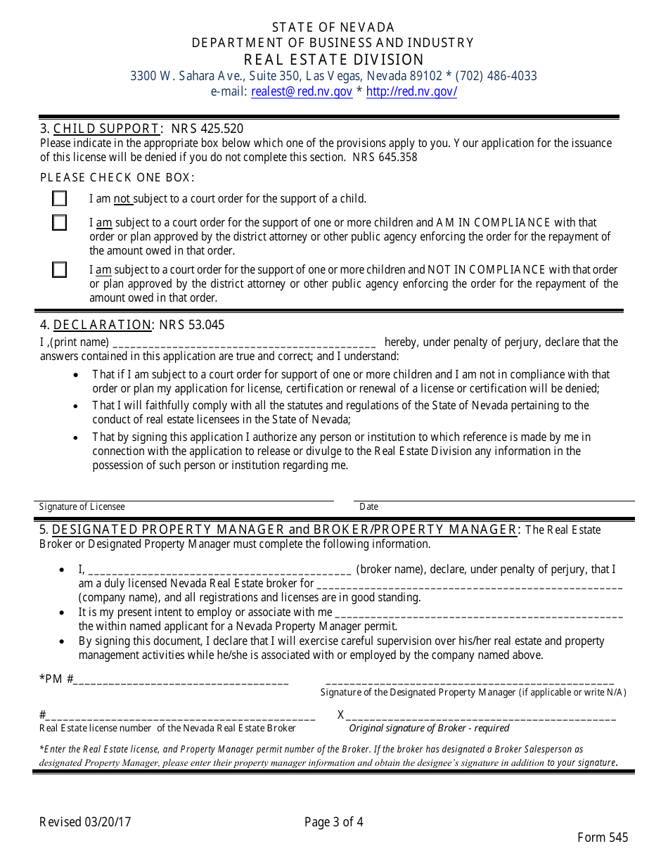 Form 545 Property Management Permit Application - Nevada, Page 3