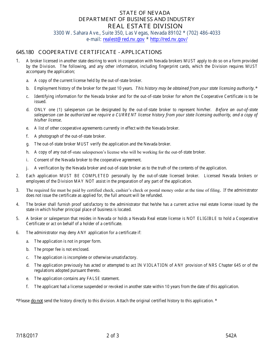 Instructions for Form 542A Application for Nevada Cooperative Broker Certification - Nevada, Page 2
