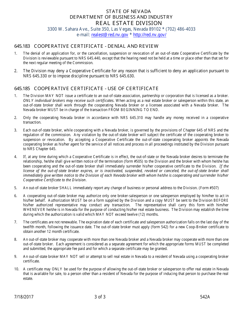 Instructions for Form 542A Application for Nevada Cooperative Broker Certification - Nevada, Page 3
