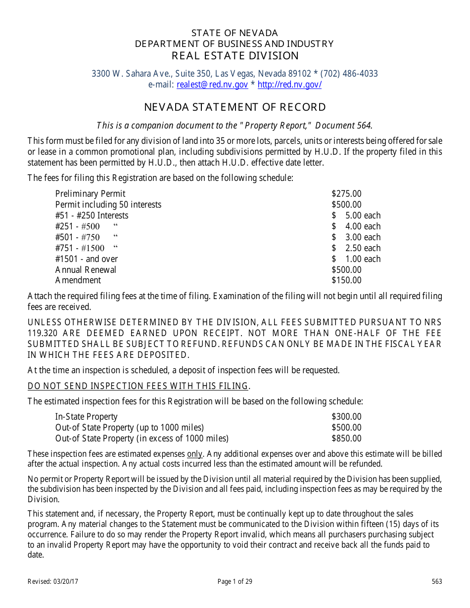 Form 563 Nevada Statement of Record - Nevada, Page 1