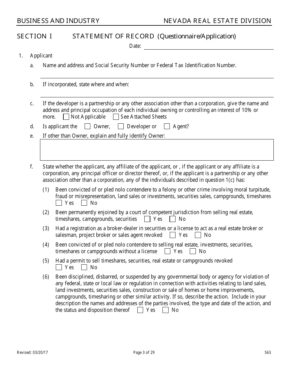 Form 563 Nevada Statement of Record - Nevada, Page 3