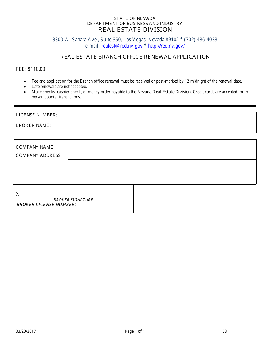 Form 581 Real Estate Branch Office Renewal Application - Nevada, Page 1