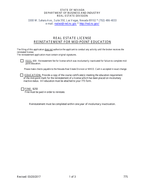 Form 775 Application for Reinstatement of Mid-point Education - Nevada