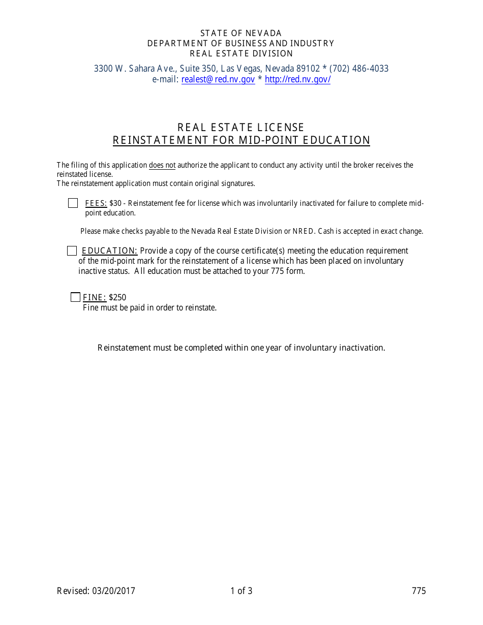 Form 775 Application for Reinstatement of Mid-point Education - Nevada, Page 1