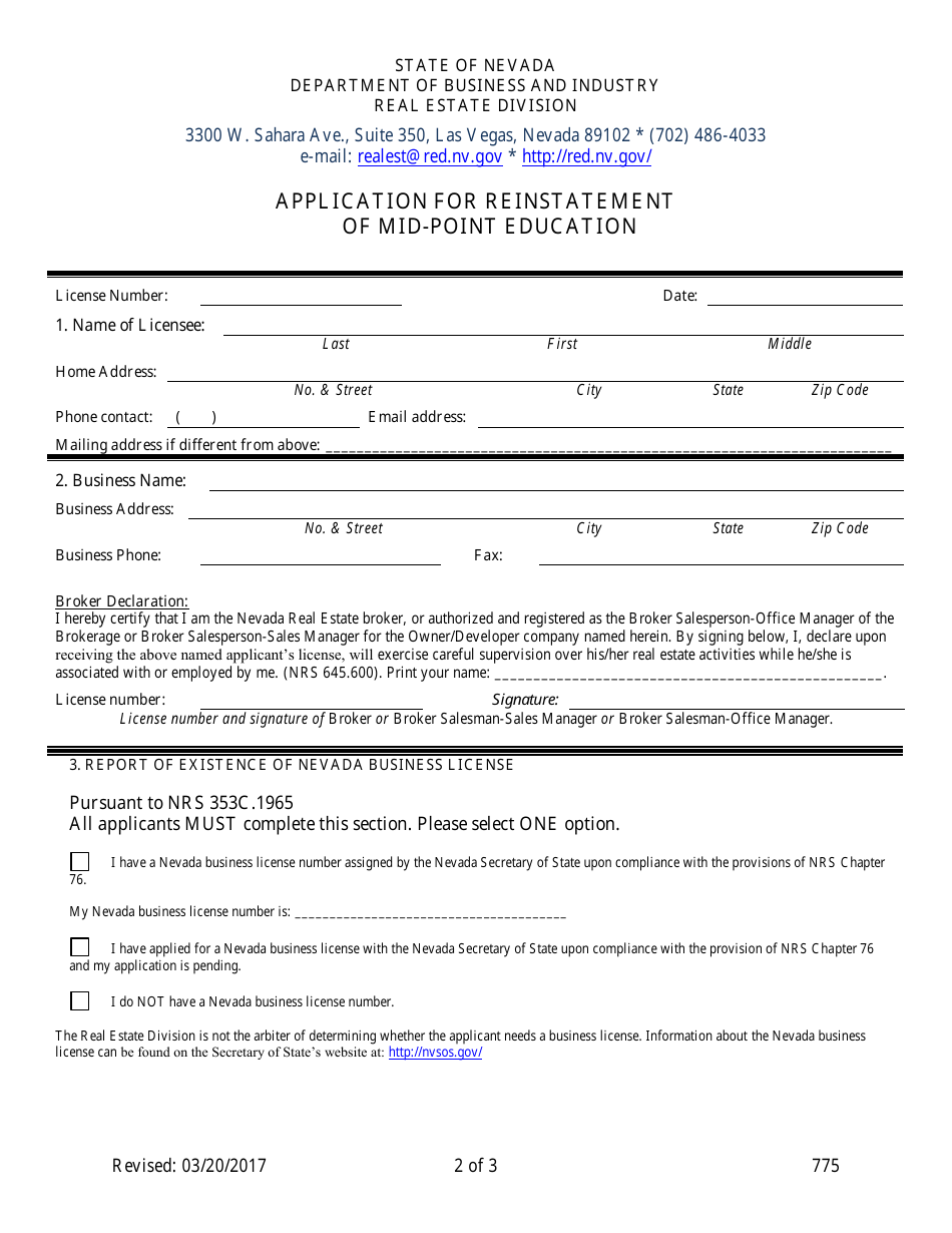 Form 775 Application for Reinstatement of Mid-point Education - Nevada, Page 2