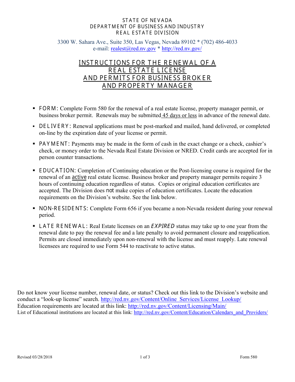 Form 580 - Fill Out, Sign Online and Download Fillable PDF, Nevada ...