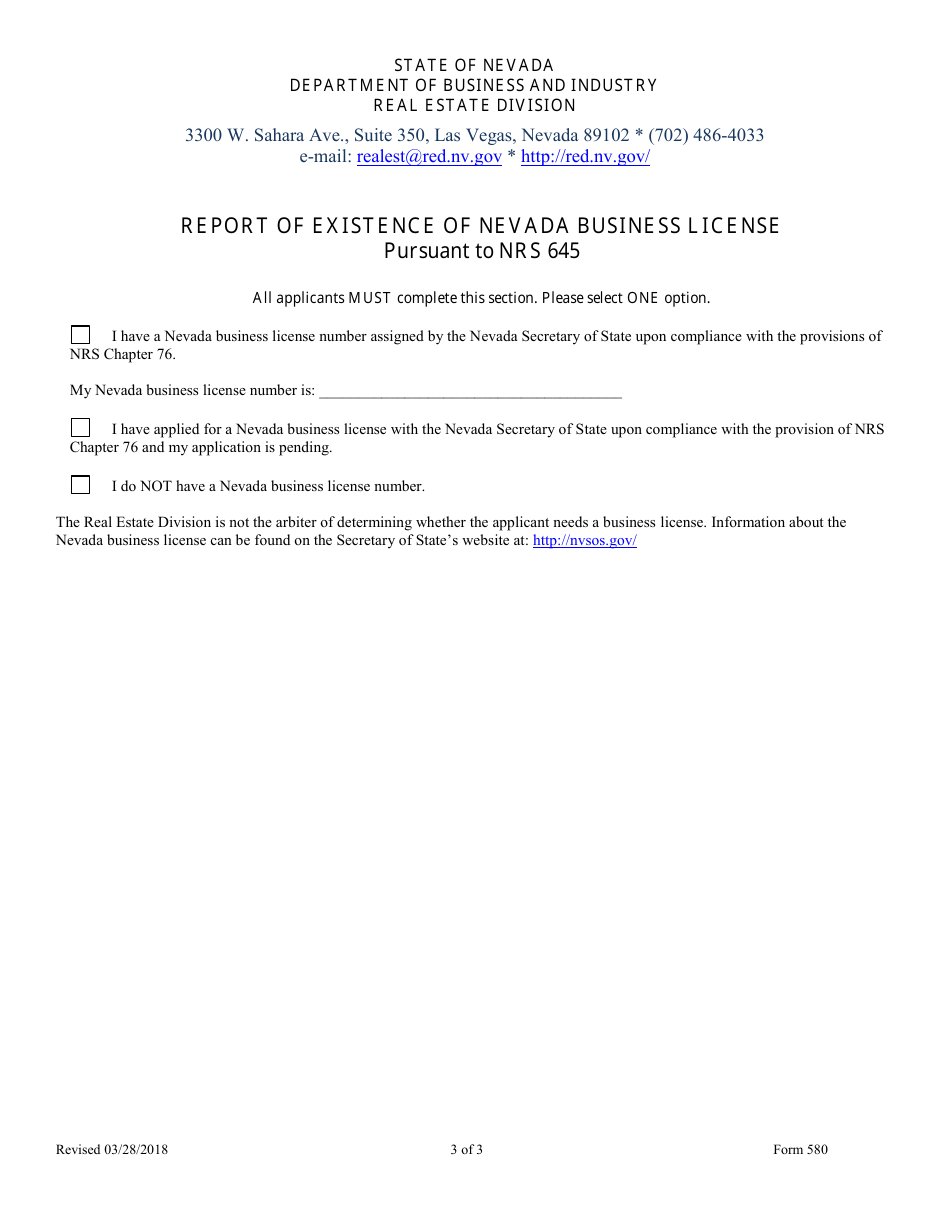 Form 580 Renewal Application - Broker, Broker Salesperson, or Salesperson License Business Broker and Property Manager Permit - Nevada, Page 3
