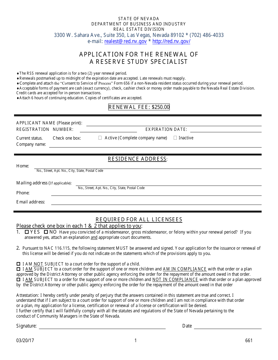 Form 661 Application for the Renewal of a Reserve Study Specialist - Nevada, Page 1