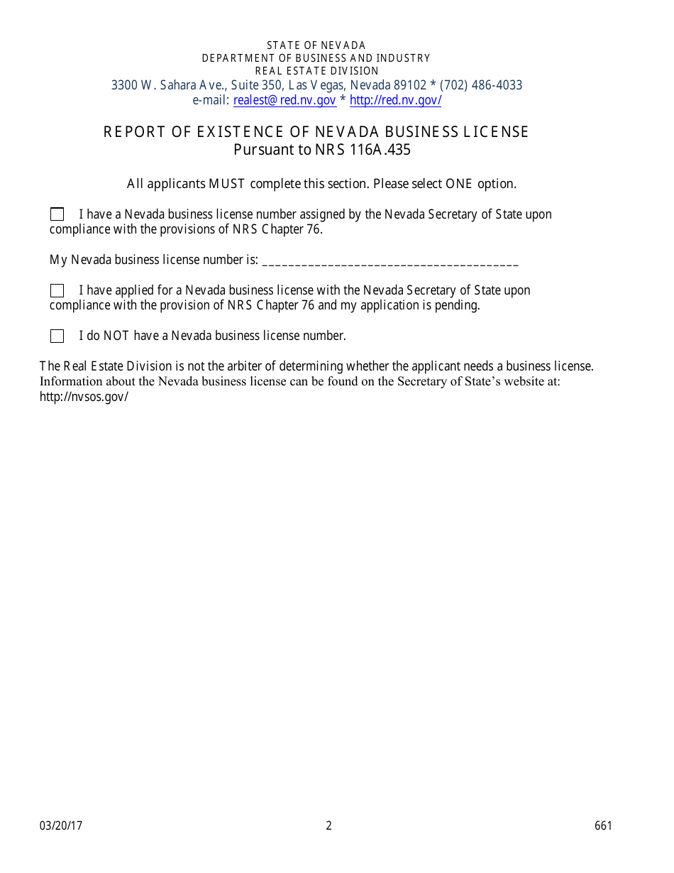Form 661 Application for the Renewal of a Reserve Study Specialist - Nevada, Page 2