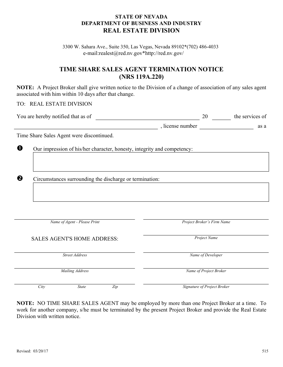 Form 515 Time Share Sales Agent Termination Notice - Nevada, Page 1