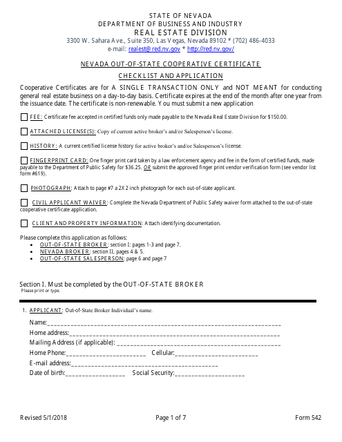 Form 542 Application for Nevada Out-of-State Cooperative Certificate - Nevada