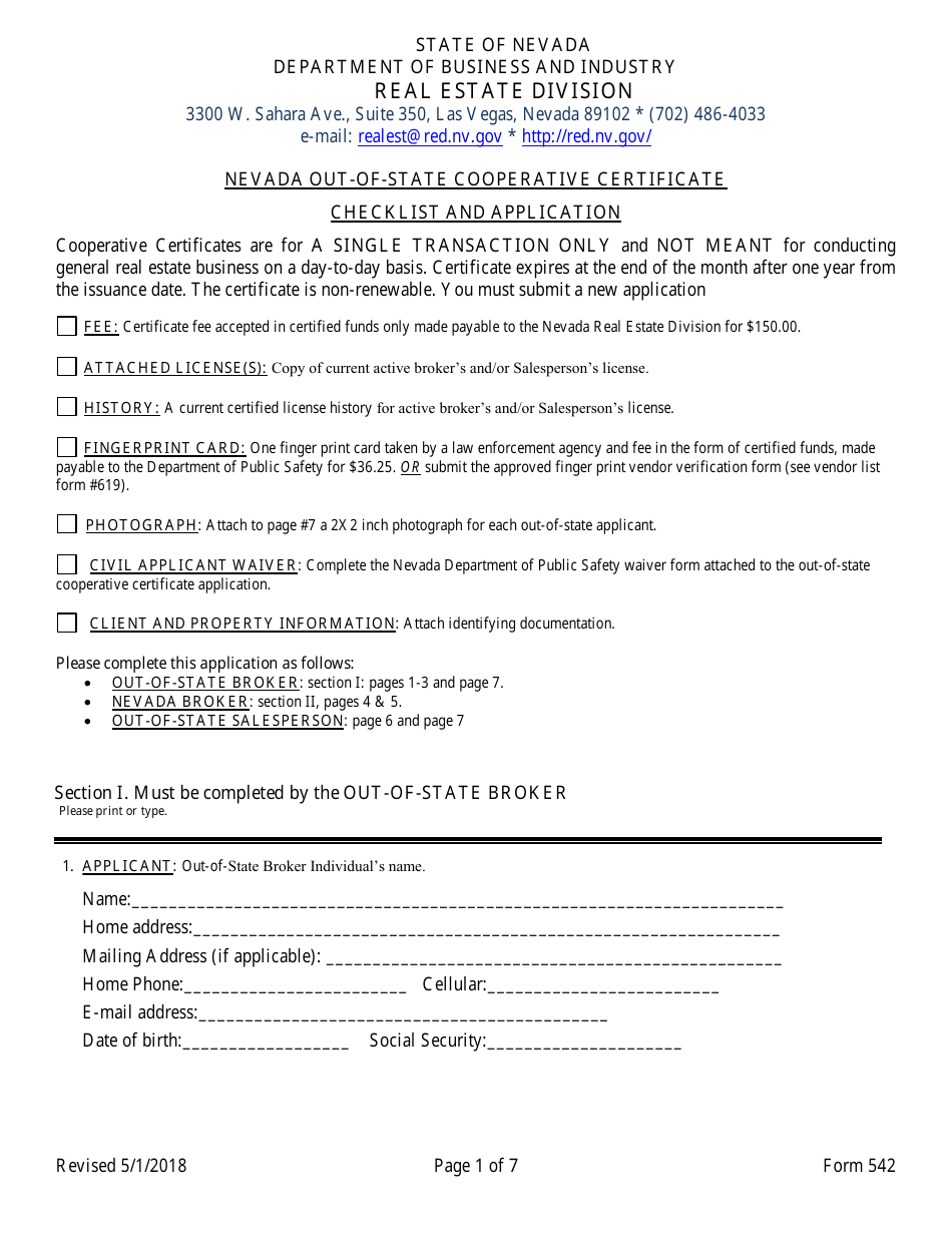 Form 542 Application for Nevada Out-of-State Cooperative Certificate - Nevada, Page 1