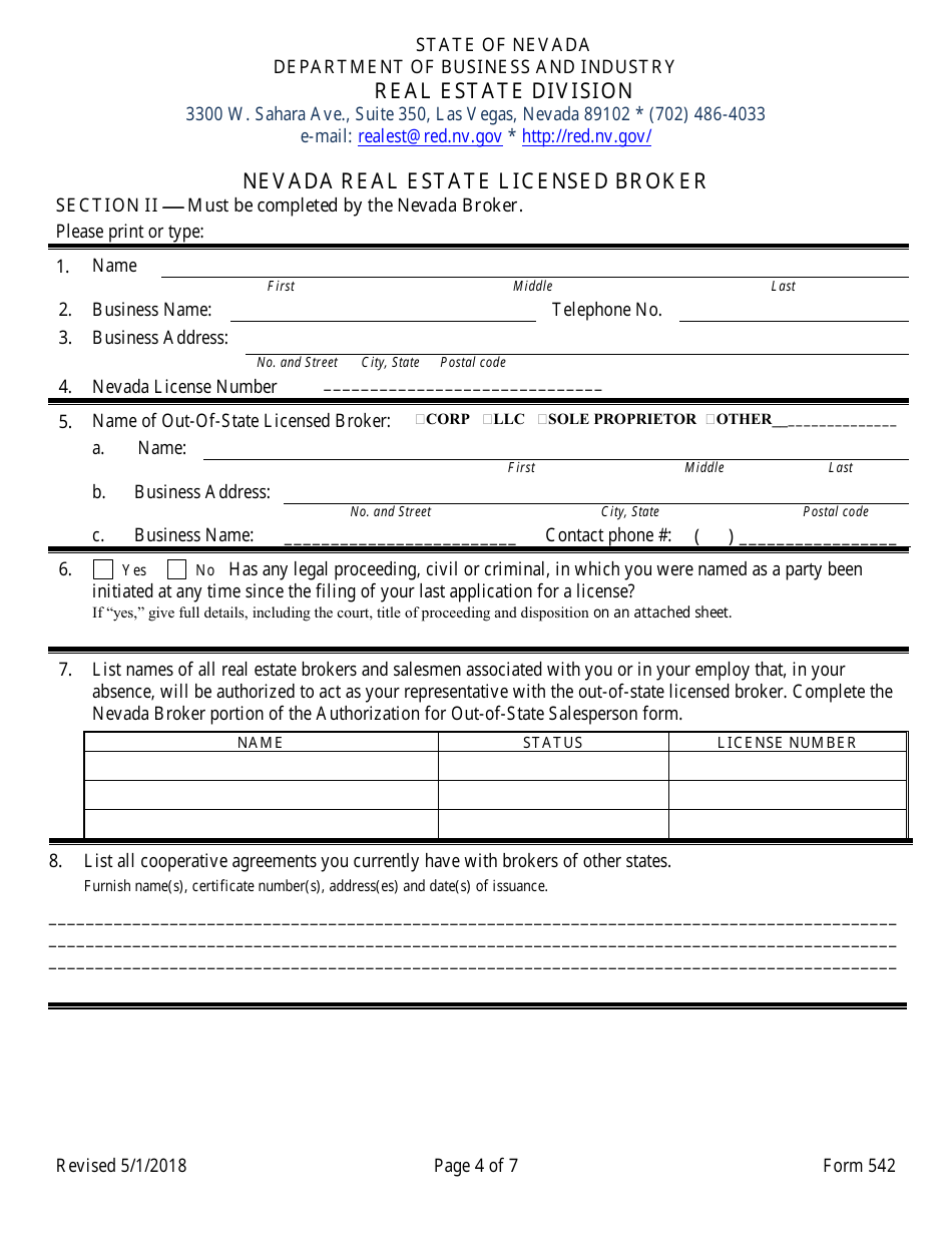 Form 542 Fill Out Sign Online And Download Fillable Pdf Nevada Templateroller 7065