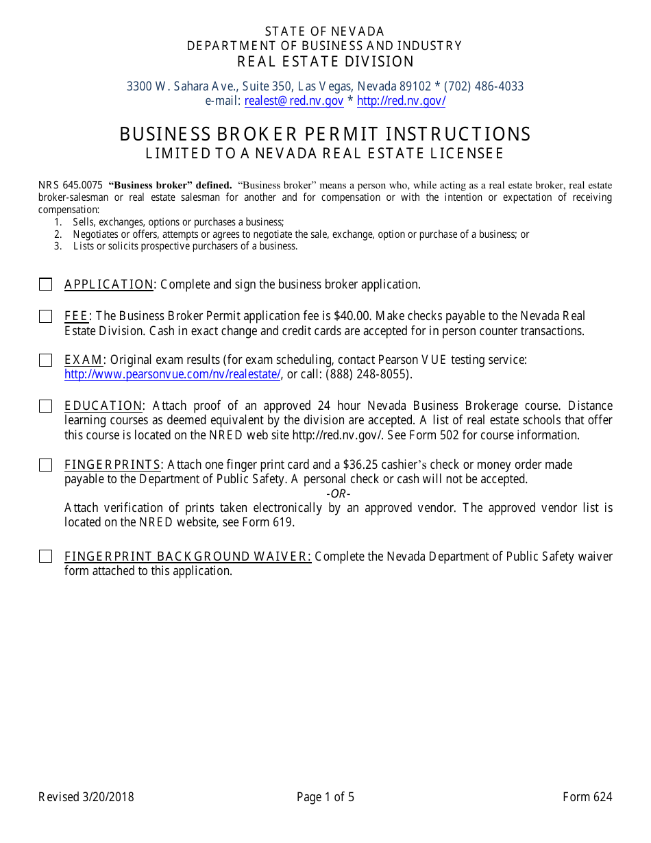 Form 624 Nevada Business Broker Permit Application - Nevada, Page 1