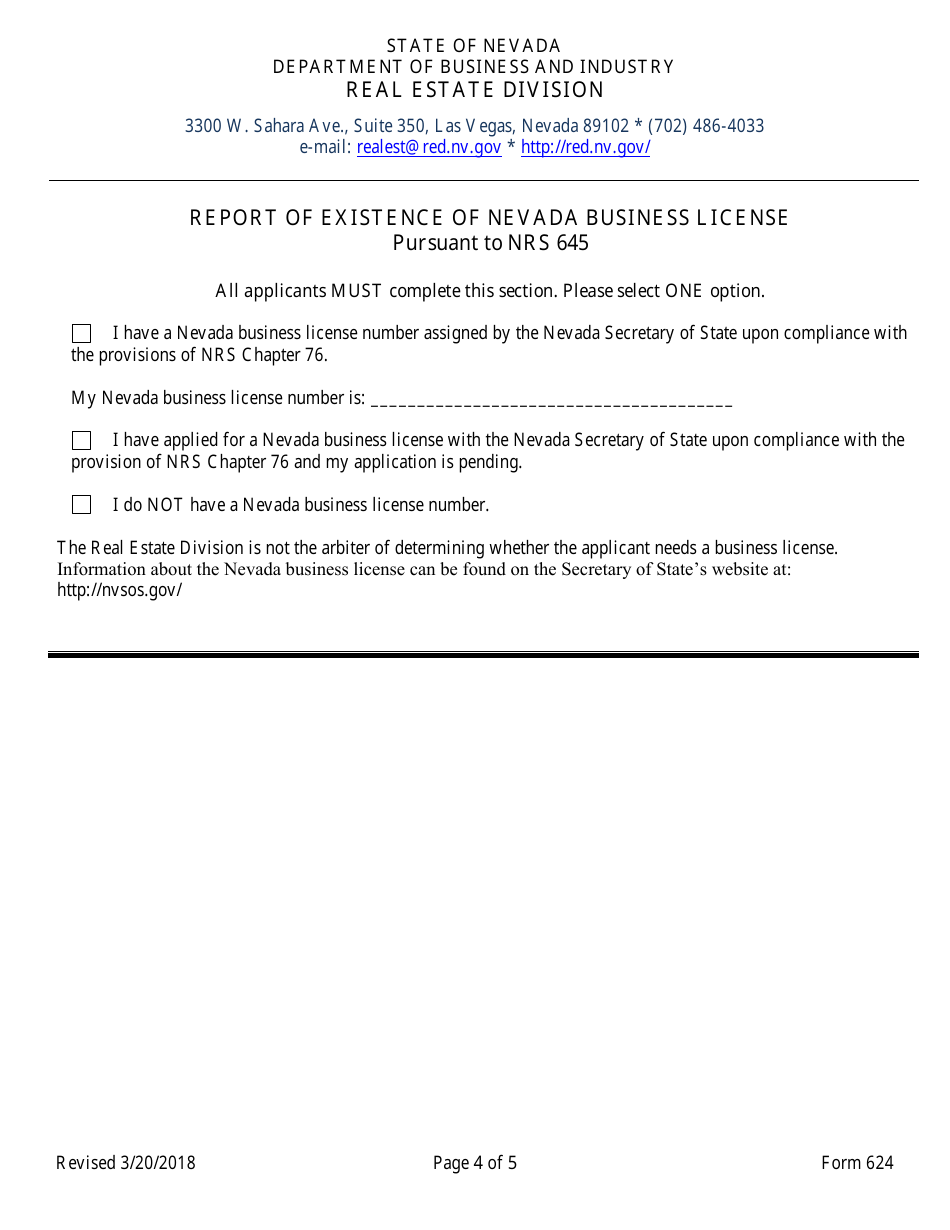 Form 624 Nevada Business Broker Permit Application - Nevada, Page 4