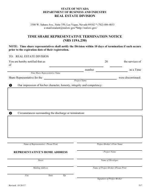 Form 517 Time Share Representative Termination Notice - Nevada