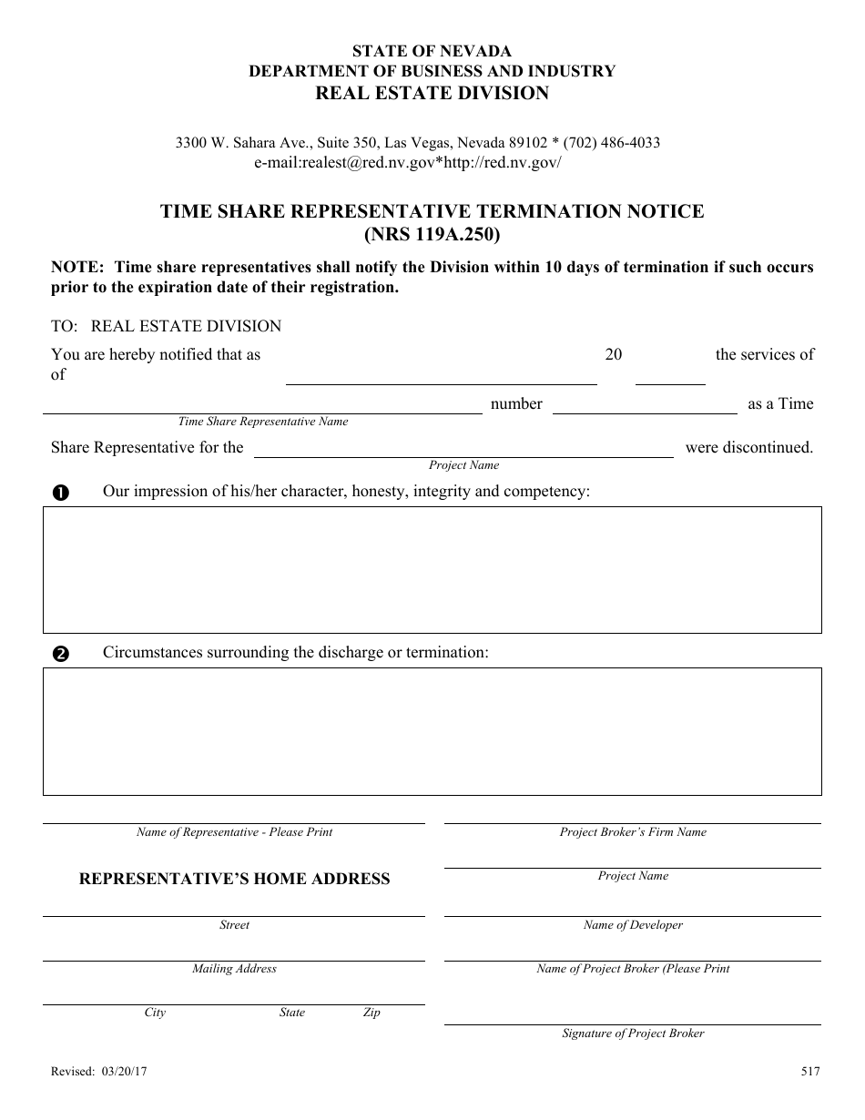 Form 517 Time Share Representative Termination Notice - Nevada, Page 1
