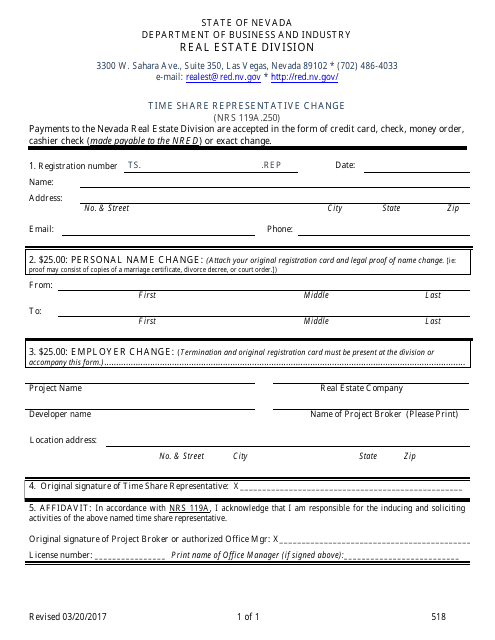 Form 518 Time Share Representative Change - Nevada