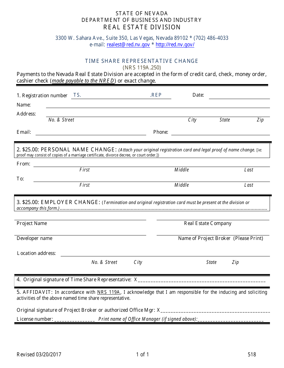 Form 518 Time Share Representative Change - Nevada, Page 1