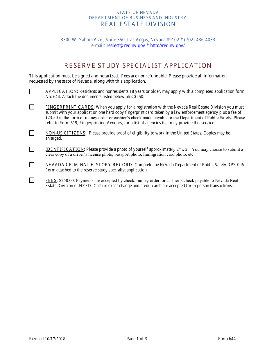 Form 644 Reserve Study Specialist Application - Nevada, Page 1