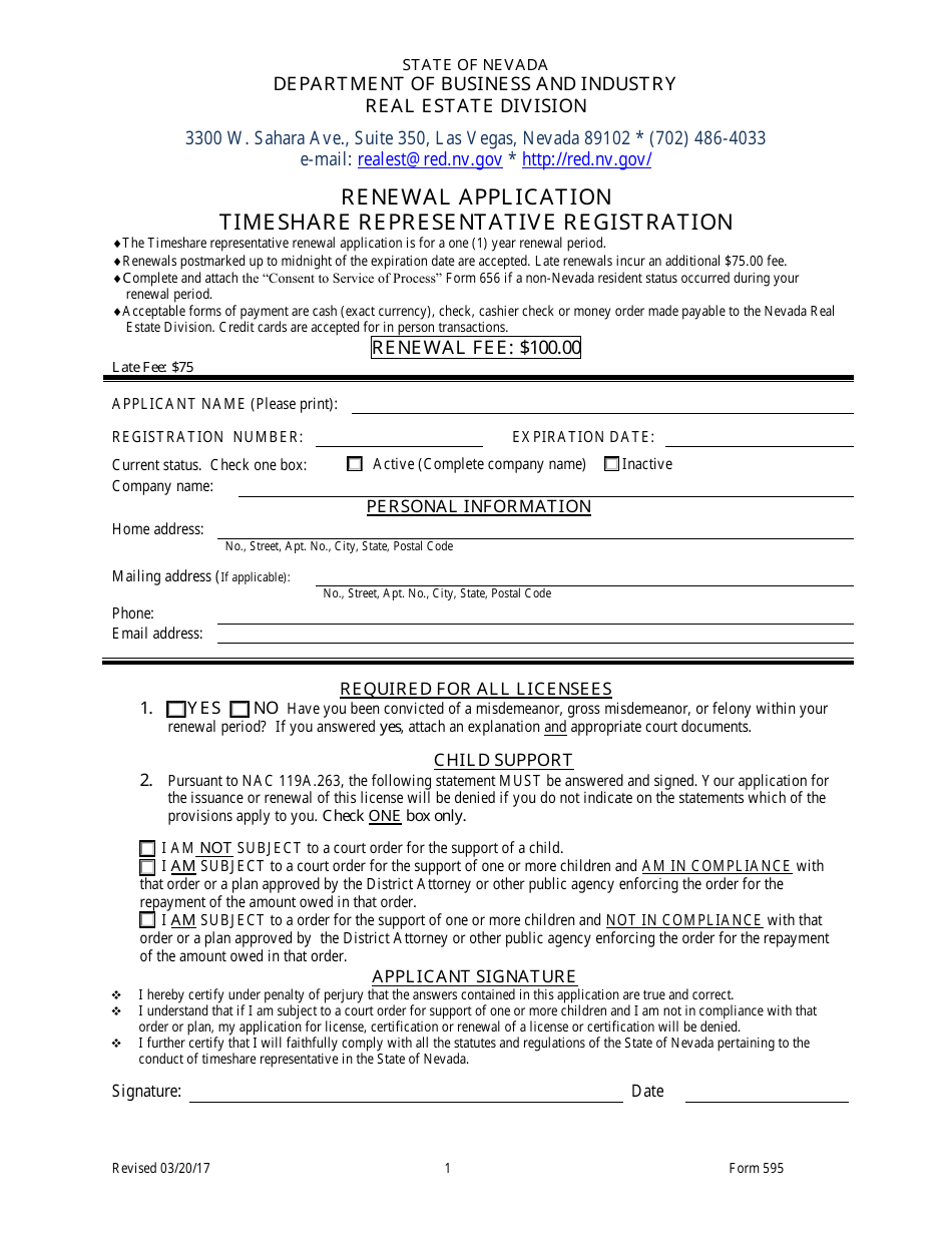 Form 595 Timeshare Registered Representative Application for Renewal - Nevada, Page 1