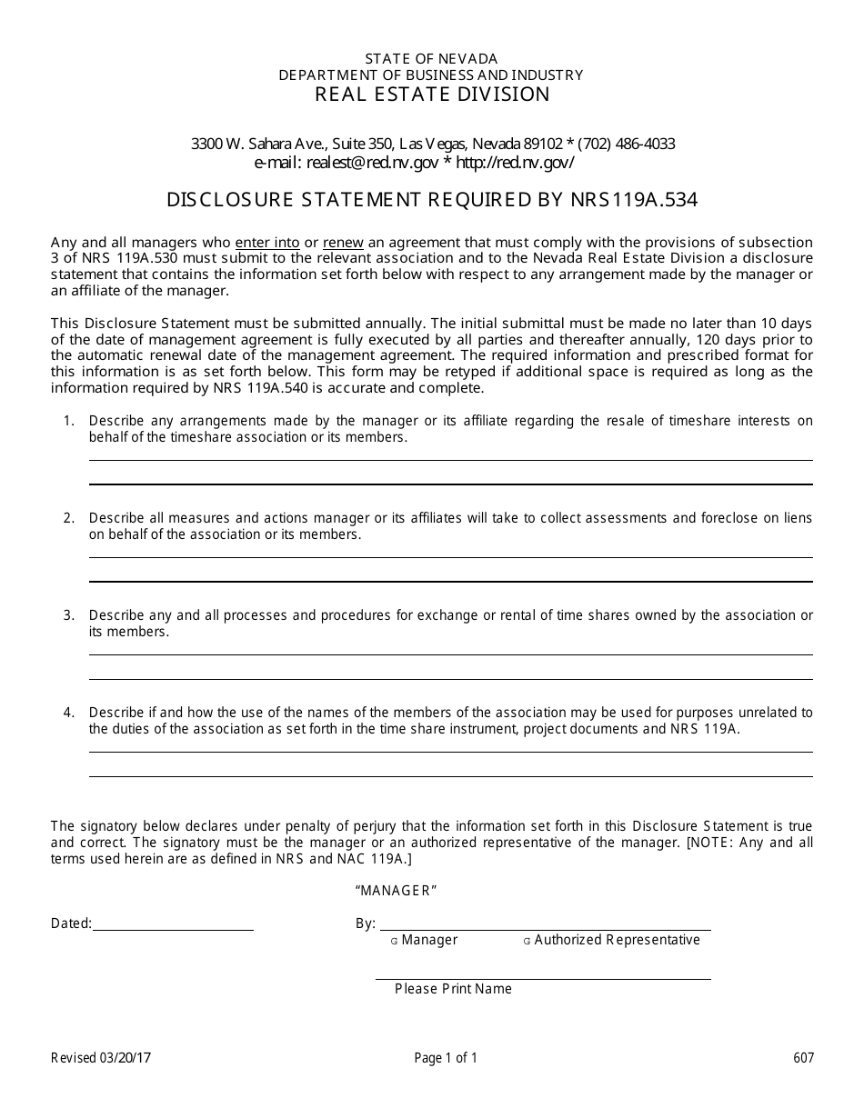 Form 607 Disclosure Statement Required by Nrs 119a.534 - Nevada, Page 1
