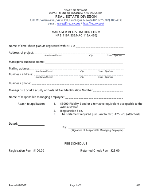 Form 606 Manager Registration Form - Nevada