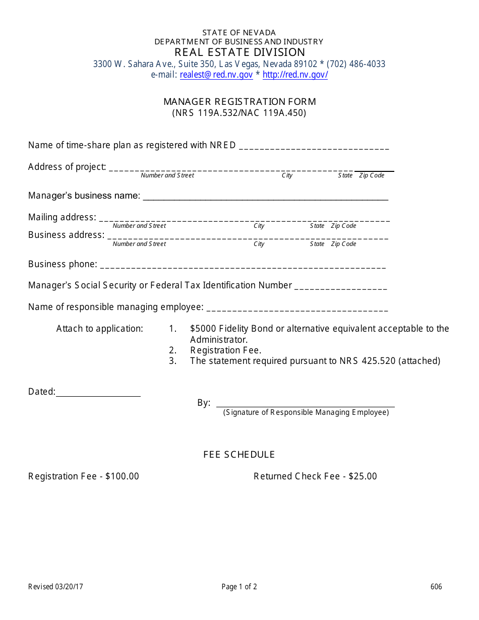 Form 606 Manager Registration Form - Nevada, Page 1