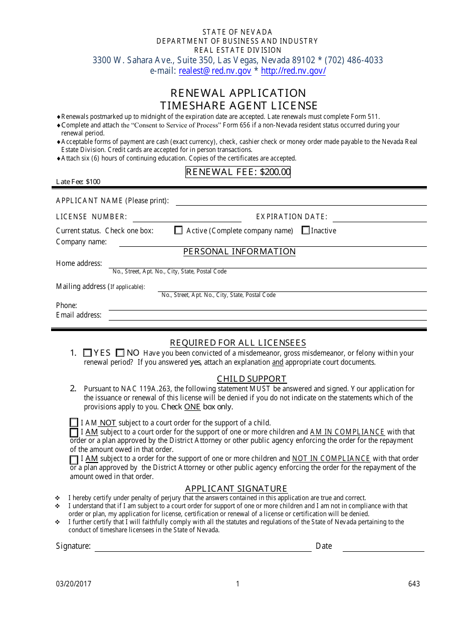 Form 643 Timeshare Agent Application for Renewal - Nevada, Page 1